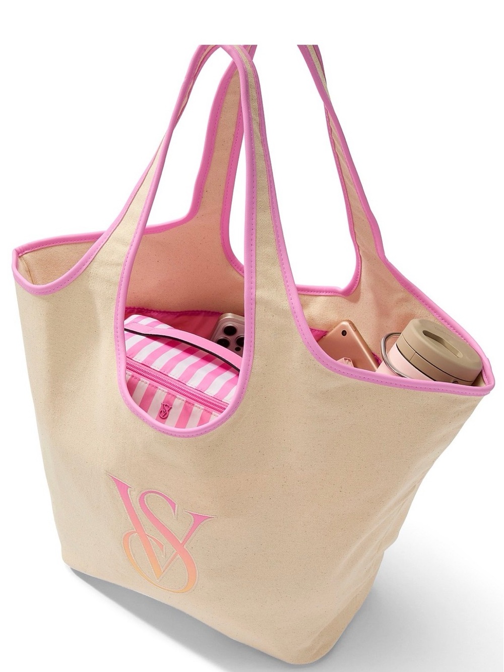 Victoria's Secret Beige Canvas Tote with Pink Trim